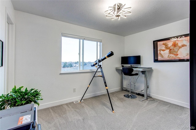 interior space with carpet floors and a textured ceiling