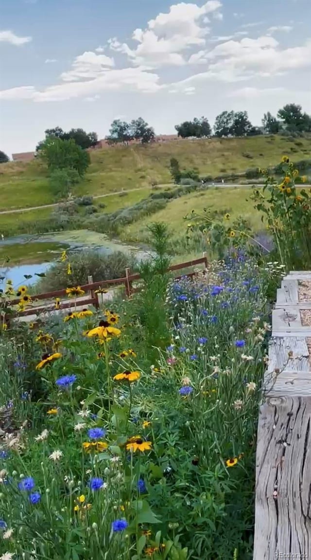 exterior space featuring a rural view and a water view