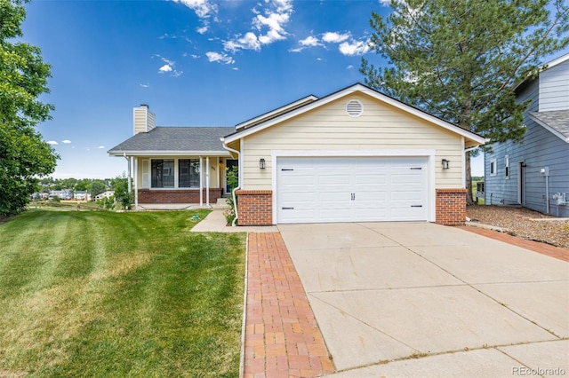 551 Snowy Owl Pl, Highlands Ranch, CO 80126 - ranch-style house with brick siding, a chimney, a front yard, driveway, and a garage