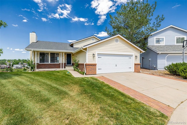551 Snowy Owl Pl, Highlands Ranch, CO 80126 - view of front of home featuring brick siding, a garage, a chimney, a front lawn, and driveway