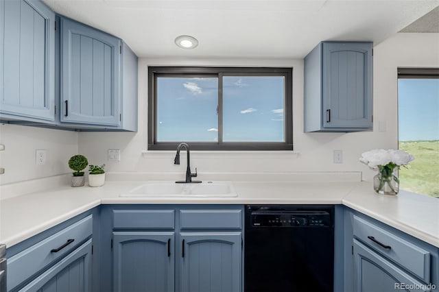 551 Snowy Owl Pl, Highlands Ranch, CO 80126 - kitchen featuring dishwasher, blue cabinets, light countertops, and recessed lighting