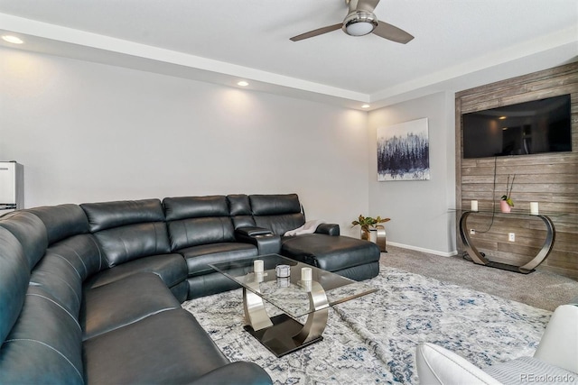 carpeted living area with recessed lighting, a ceiling fan, and baseboards