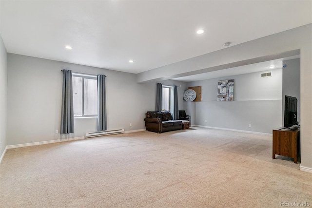 unfurnished room featuring visible vents, baseboards, light colored carpet, a baseboard radiator, and recessed lighting