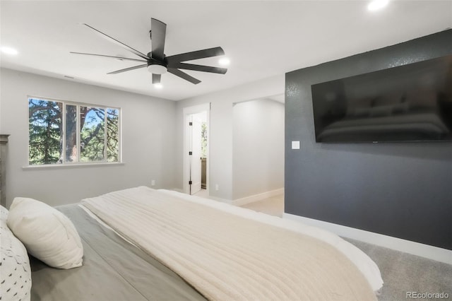 bedroom featuring ceiling fan, carpet, baseboards, and recessed lighting