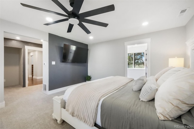 bedroom featuring recessed lighting, carpet, a ceiling fan, and baseboards