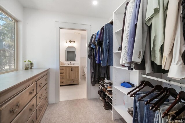 walk in closet with a sink and light carpet