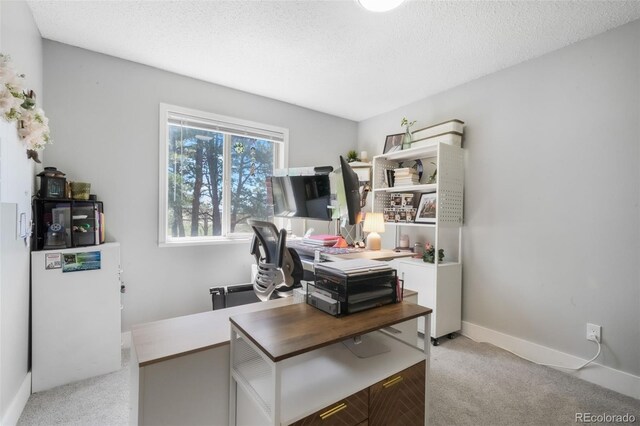 home office featuring light colored carpet and baseboards