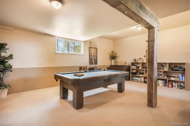rec room with billiards and carpet