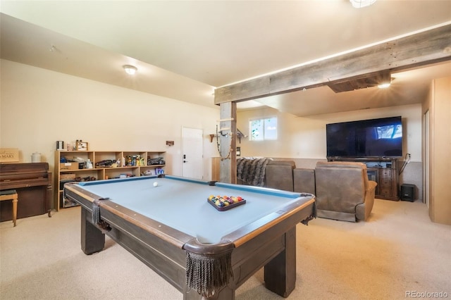 rec room with light carpet, pool table, and beamed ceiling