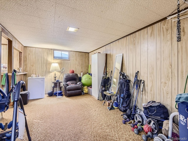 workout room with a textured ceiling, carpet floors, and wood walls