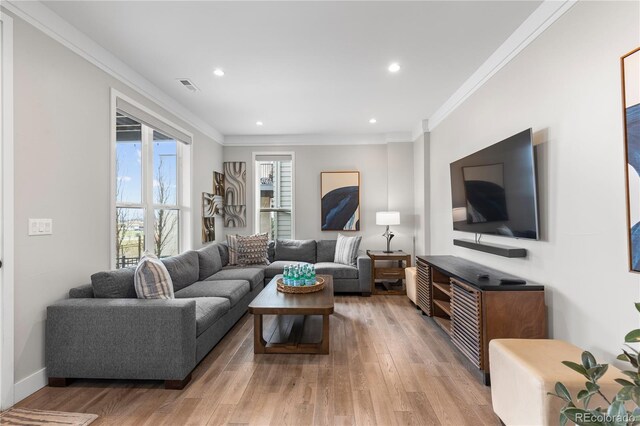 10113 Bellwether Ln, Lone Tree, CO 80124 - living area with visible vents, recessed lighting, light wood-style flooring, and crown molding