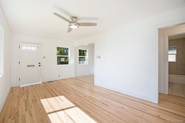 foyer with light wood finished floors, a ceiling fan, healthy amount of natural light, and baseboards