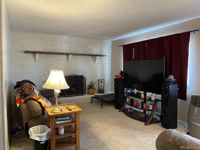 living room with carpet flooring and a textured ceiling