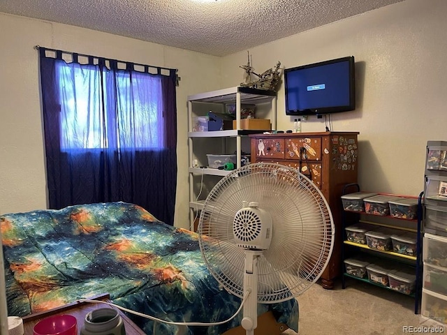 bedroom with carpet floors and a textured ceiling