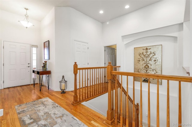 foyer entrance featuring hardwood / wood-style floors and a towering ceiling