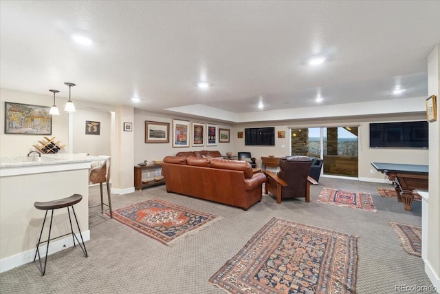 living room with baseboards, pool table, recessed lighting, and light colored carpet