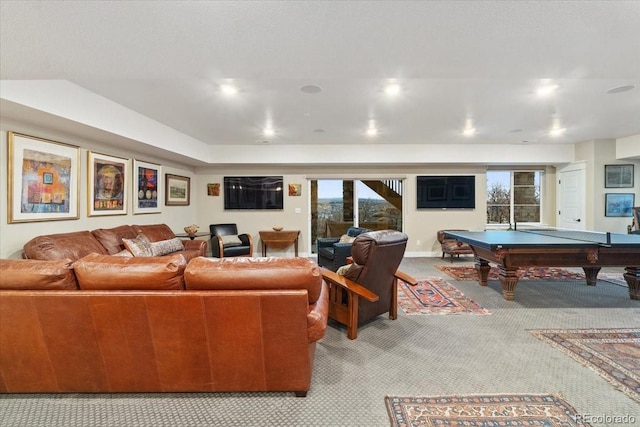recreation room featuring recessed lighting, billiards, and carpet floors