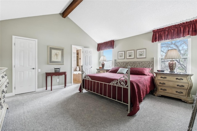 carpeted bedroom with multiple windows, baseboards, and beamed ceiling