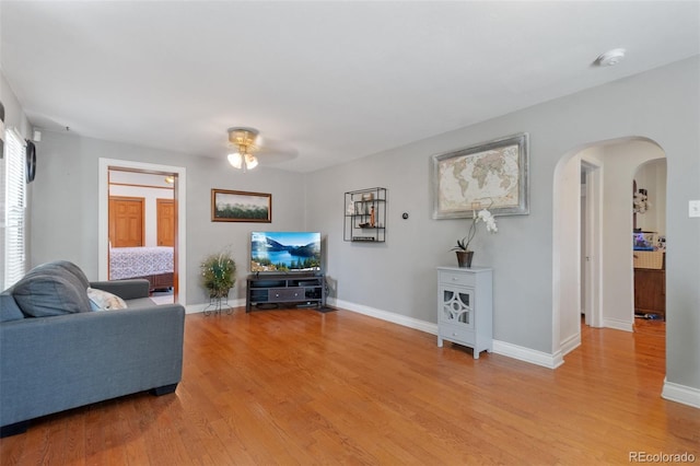 living room with ceiling fan and light hardwood / wood-style flooring