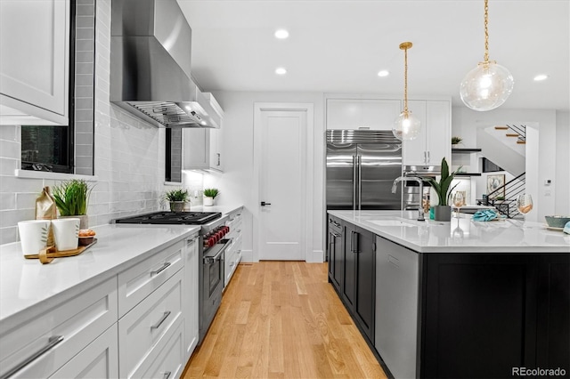 kitchen featuring high end appliances, light wood-type flooring, wall chimney range hood, white cabinetry, and backsplash