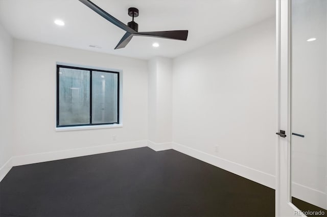 unfurnished room with recessed lighting, baseboards, and a ceiling fan