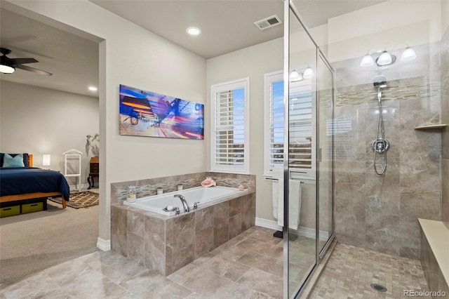 ensuite bathroom with visible vents, connected bathroom, ceiling fan, a stall shower, and a bath