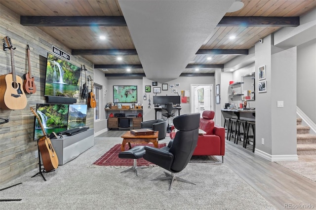 living room featuring stairway, wood ceiling, beam ceiling, recessed lighting, and wood finished floors