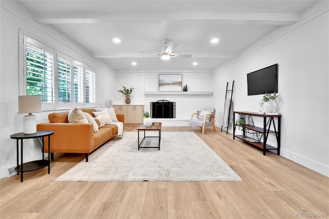 6716 W Rowland Ave, Littleton, CO 80128 - living area with beam ceiling, light wood-type flooring, baseboards, a ceiling fan, and recessed lighting