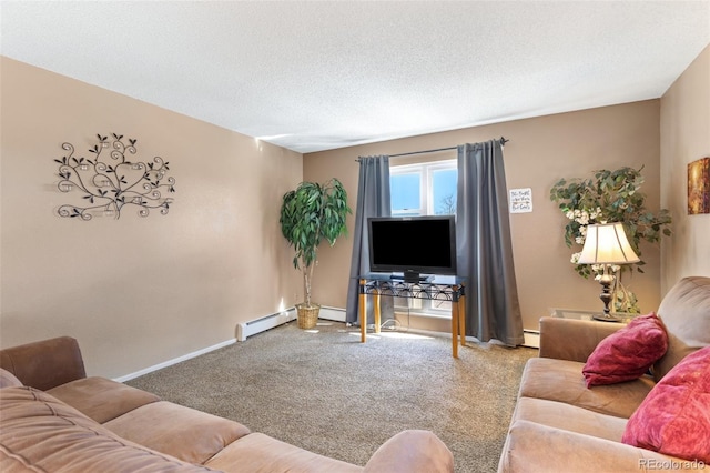 4310 Loomis Ave, Colorado Springs, CO 80906 - carpeted living room featuring a textured ceiling, baseboards, a baseboard heating unit, and a baseboard radiator