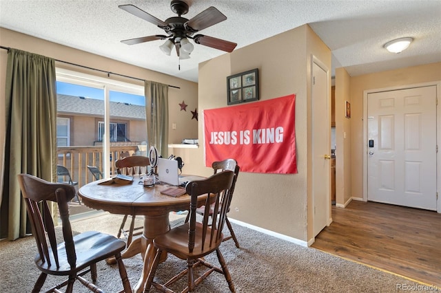 4310 Loomis Ave, Colorado Springs, CO 80906 - dining space with a textured ceiling, wood finished floors, baseboards, ceiling fan, and a textured wall
