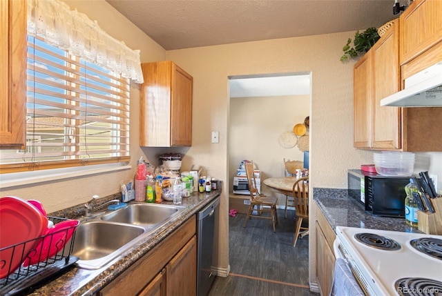 4310 Loomis Ave, Colorado Springs, CO 80906 - kitchen with dishwasher, dark countertops, dark wood-style floors, and black microwave