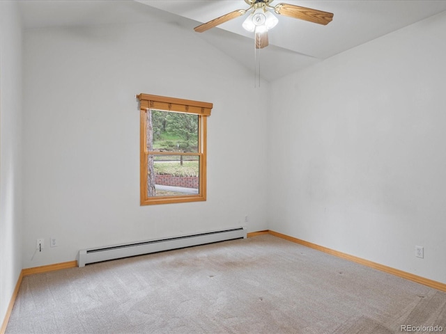 28465 Cragmont Dr, Evergreen, CO 80439 - carpeted spare room with a baseboard radiator, ceiling fan, and vaulted ceiling