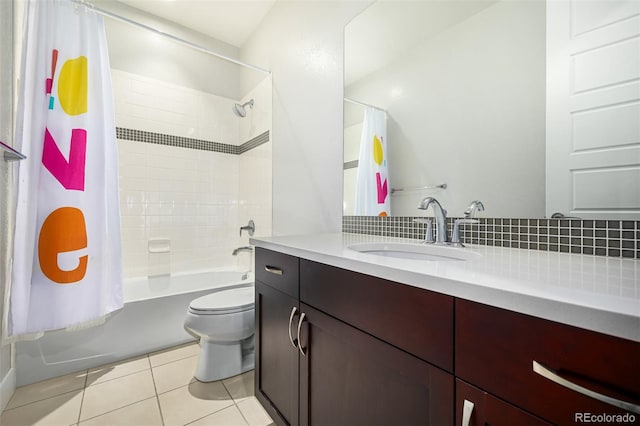 full bathroom featuring toilet, decorative backsplash, tile patterned floors, and shower / bathtub combination with curtain