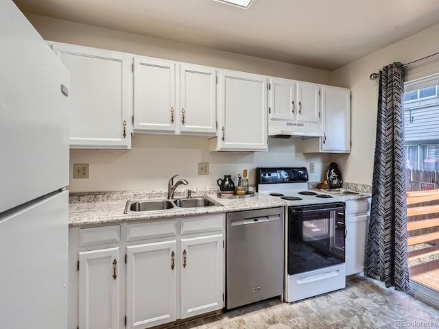17681 E Loyola Dr Unit E, Aurora, CO 80013 - kitchen featuring freestanding refrigerator, dishwasher, electric range oven, under cabinet range hood, and white cabinetry