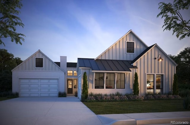 1653 Flourish Dr, Windsor, CO 80550 - modern farmhouse style home with a standing seam roof, metal roof, board and batten siding, a front lawn, and driveway