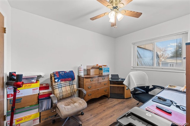 office area with ceiling fan and hardwood / wood-style floors