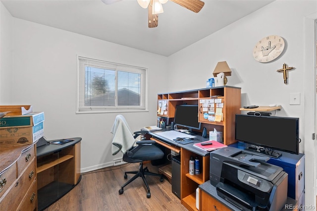 office area with ceiling fan and wood-type flooring