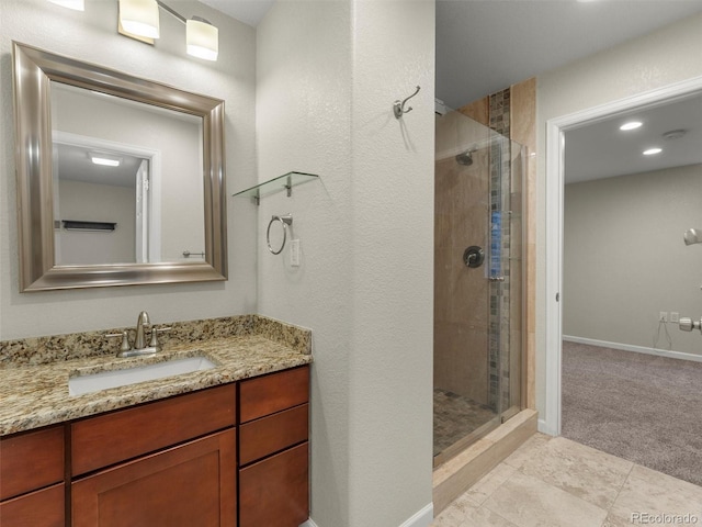 2821 Fulton St, Denver, CO 80238 - bathroom featuring a stall shower, vanity, recessed lighting, and tile patterned floors