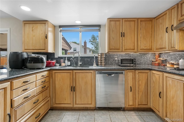 1758 S Tucson St, Aurora, CO 80012 - kitchen with stainless steel dishwasher, a sink, decorative backsplash, light tile patterned floors, and dark stone countertops