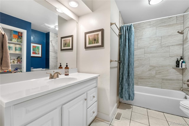 1758 S Tucson St, Aurora, CO 80012 - bathroom with vanity, toilet, tile patterned floors, shower / bathtub combination with curtain, and baseboards