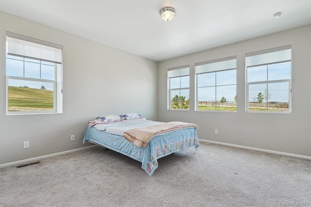bedroom featuring visible vents, baseboards, and carpet floors
