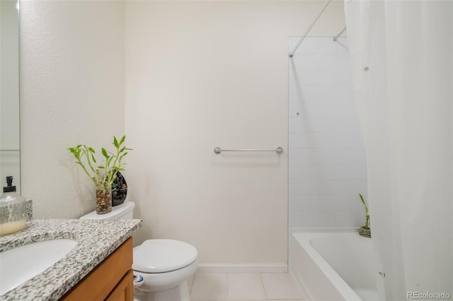 full bathroom with tiled shower / bath combo, tile patterned flooring, toilet, and vanity