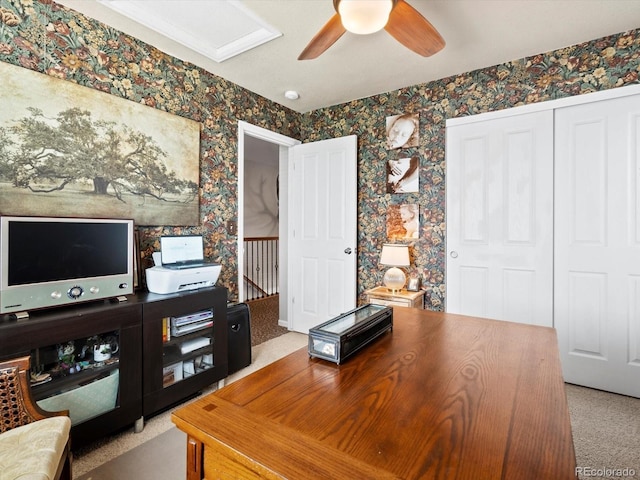 10273 Salida St, Commerce City, CO 80022 - home office with ceiling fan, carpet floors, and wallpapered walls