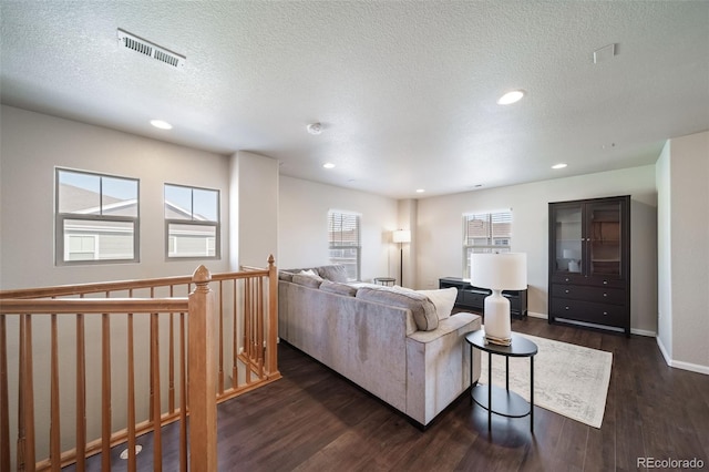 living room featuring a healthy amount of sunlight, a textured ceiling, and dark hardwood / wood-style flooring