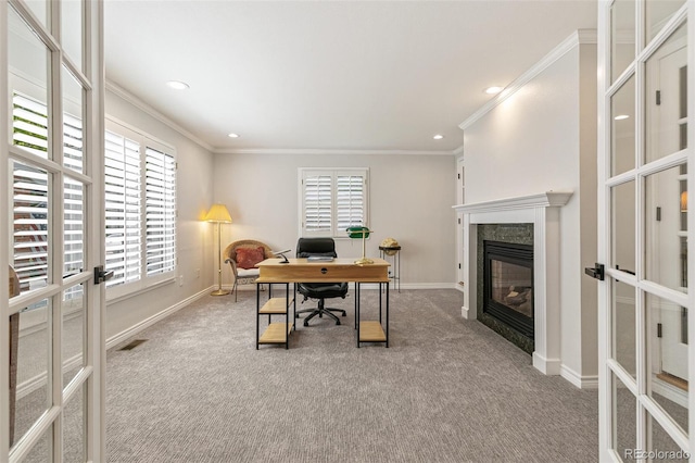 8474 E Otero Cir, Centennial, CO 80112 - office featuring french doors, crown molding, carpet, baseboards, and a glass covered fireplace
