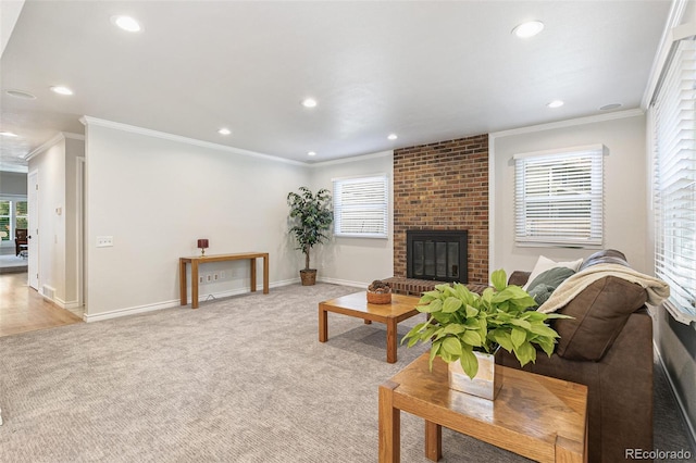 8474 E Otero Cir, Centennial, CO 80112 - living area with recessed lighting, ornamental molding, light colored carpet, healthy amount of natural light, and a fireplace