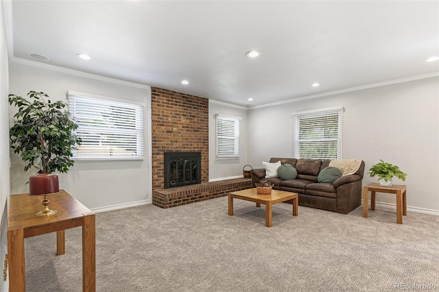8474 E Otero Cir, Centennial, CO 80112 - carpeted living area featuring crown molding, recessed lighting, baseboards, and a brick fireplace