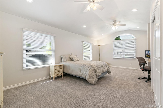 8474 E Otero Cir, Centennial, CO 80112 - carpeted bedroom with lofted ceiling, recessed lighting, baseboards, and a ceiling fan