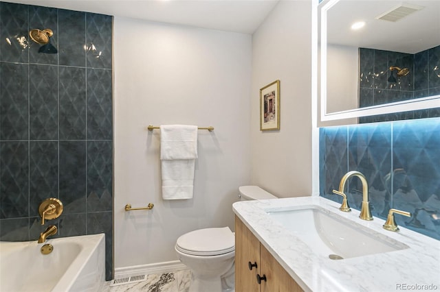 8474 E Otero Cir, Centennial, CO 80112 - full bathroom with marble look tile flooring, toilet, vanity, bathtub / shower combination, and recessed lighting