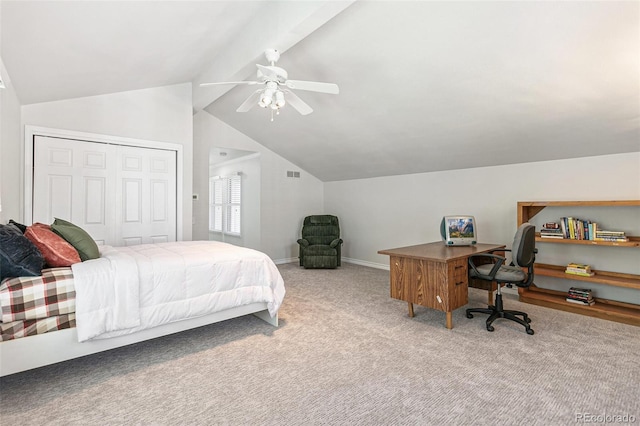 8474 E Otero Cir, Centennial, CO 80112 - bedroom with vaulted ceiling, carpet floors, ceiling fan, baseboards, and a closet